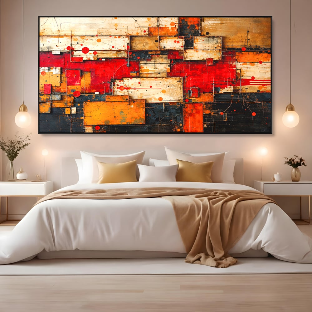 Tablou canvas cu tablou canvas abstract geometric rosu, in rama de aluminiu negru, pe perete intr-un dormitor